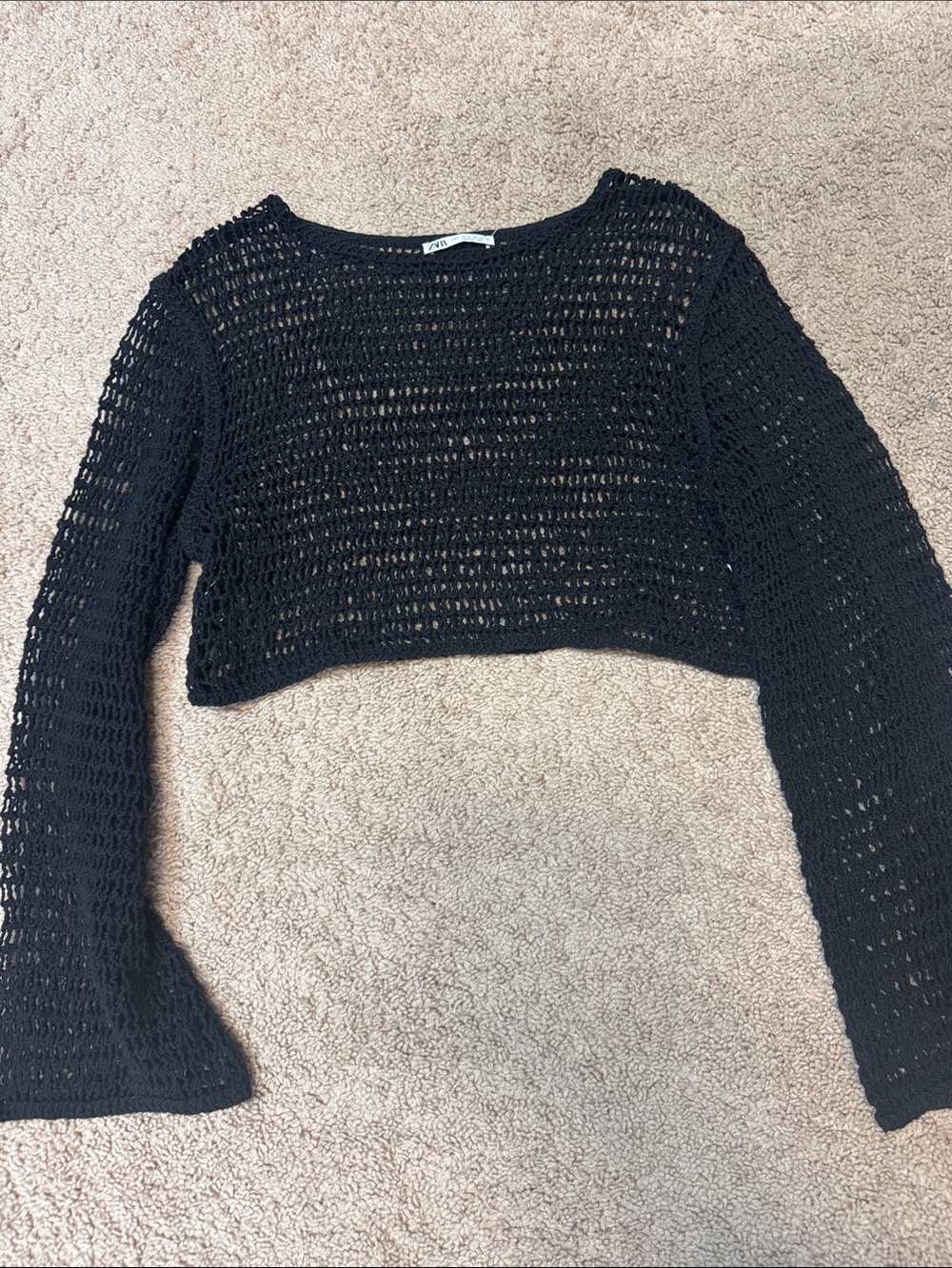 Zara Black Cropped Open-Knit Sweater